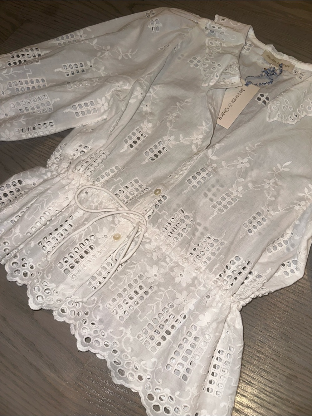 Jennifer & Grace White Eyelet Drawstring Peplum Blouse - Picture 2 of 4
